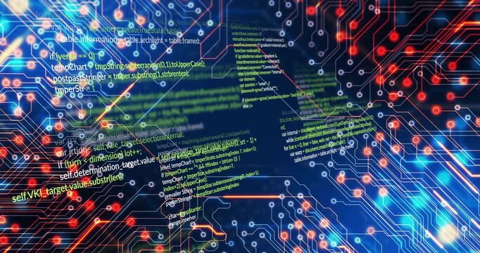 Code panels floating over circuit board pattern, featuring glowing nodes and syntax highlights