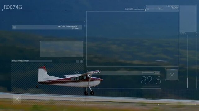 Propeller plane nearing rural airstrip flaring, touching down, taxiing with data HUD rising