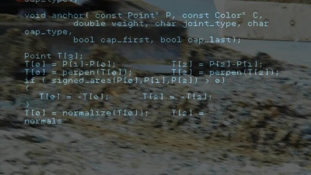 Code text scrolling starting excavator bucket scooping and dumping sand showing geometry functions