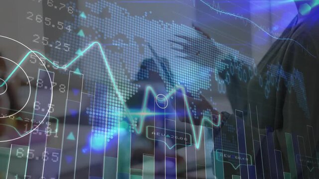 Presenter raising hand initiating animated finance chart overlay in meeting emphasizing data peaks