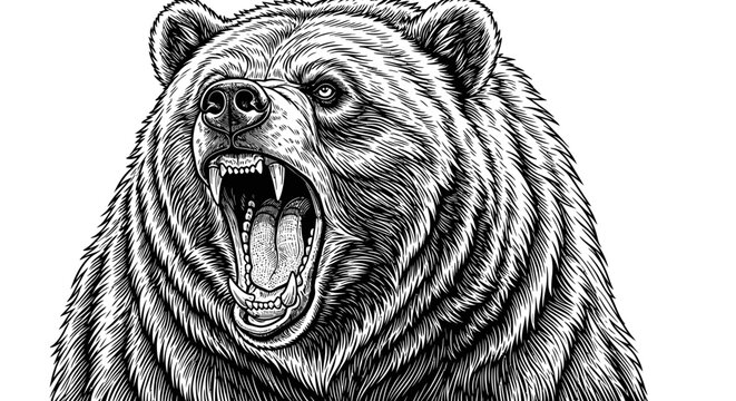 Powerful Roaring Bear Head Engraving Style Illustration. Detailed Hand-Drawn Wild Animal Artwork in Black and White.