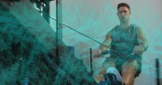 man pushing legs initiating rowing stroke for fitness, with turquoise digital particles overlaying