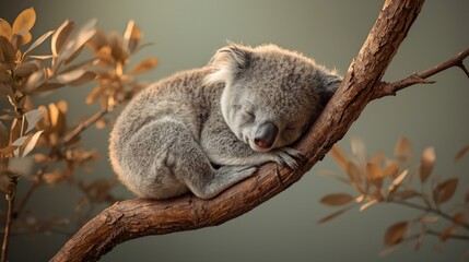 Obraz premium Adorable baby koala with soft gray fur sleeps peacefully on tree branch with brown leaves curled up in natural environment serene atmosphere