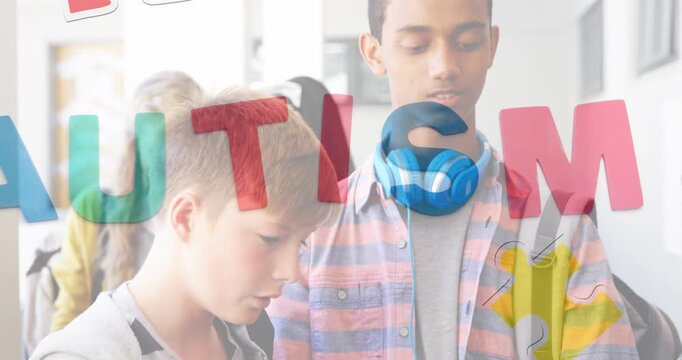 Animation of autism text over diverse schoolchildren using tablet