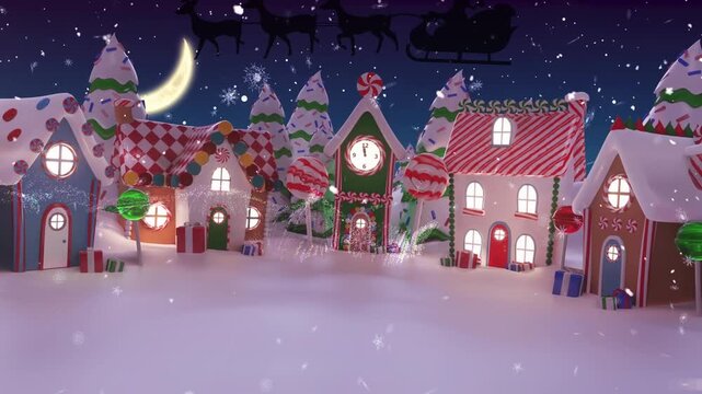 Animation of snow falling over christmas santa claus in sleigh with reindeer and winter scenery