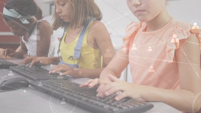 Animation of network of connections over happy diverse pupils using computers at school