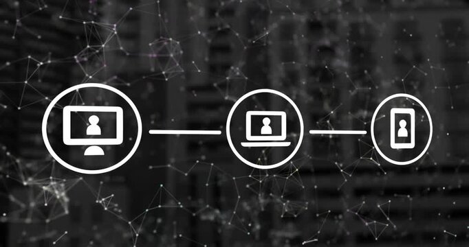 Animation of network of connections with icons over architectural drawing blue mesh