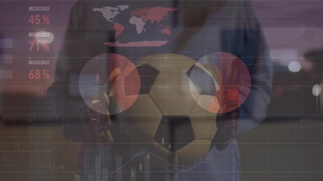 Animation of statistics and data processing over rugby player in sports stadium