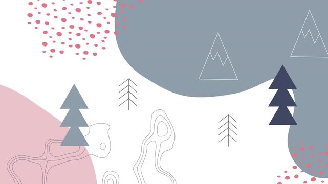 Animation of illustration of red snowfall, pine trees and abstract pattern