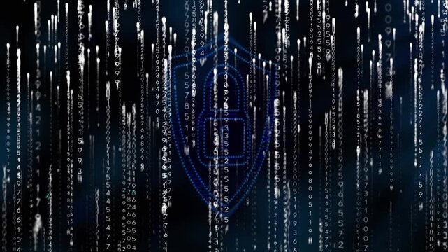 Animation of light trails falling against security padlock icon on black background