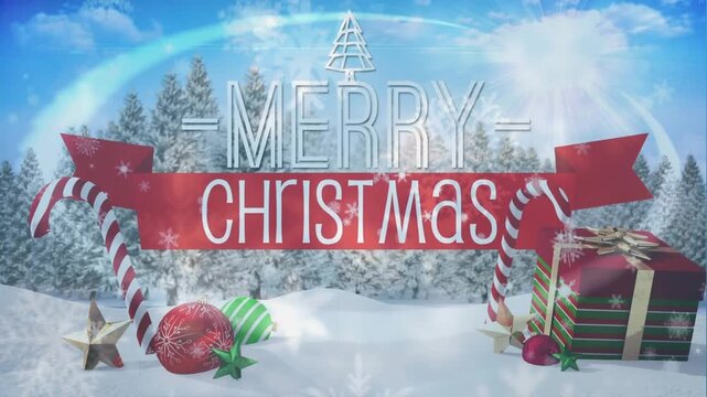 Animation of merry christmas text with decorations, gift on land against pine trees during snowfall
