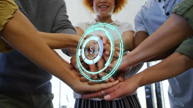 Animation of clock moving fast over happy family blue rotating circles