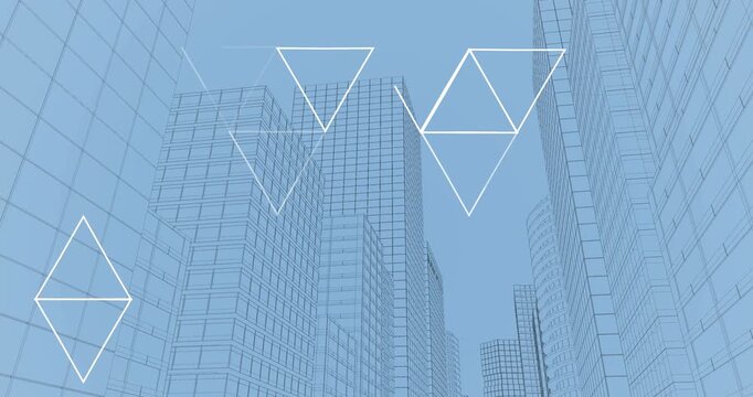 Animation of networks of triangles with cityscape on blue background