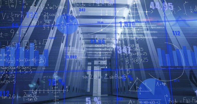Animation of data processing and mathematical equations against empty computer server room