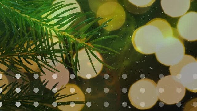 Animation of snow falling over christmas tree and decorations