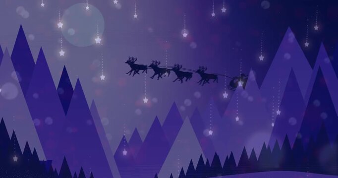 Animation of mountains and santa claus over blue background