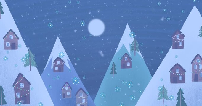 Animation of snowflakes falling over winter landscape against night sky with copy space