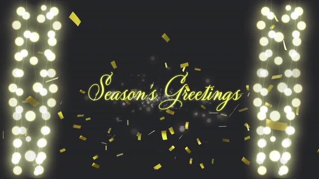 Animation of glowing fairy lights and confetti over christmas greetings text