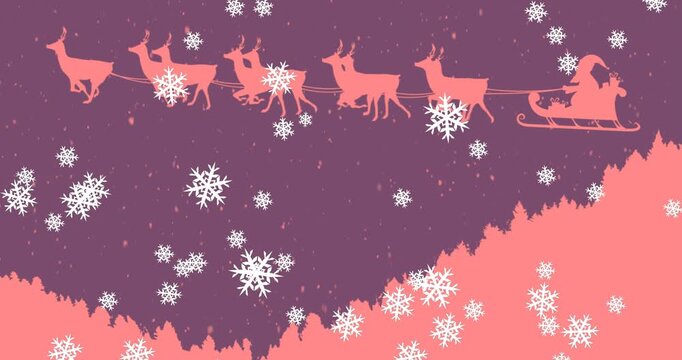Animation of falling snow over purple and pink background
