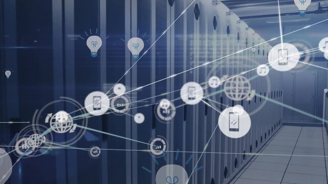 Animation of lens flare with connected icons and floating bulb icons over server room