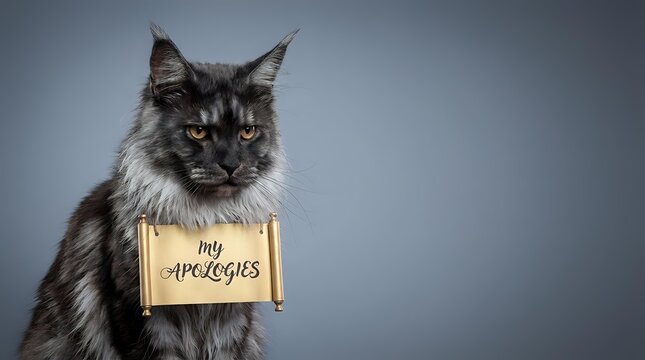 Maine Coon cat wearing no apologies sign around neck on gray background. Funny pet portrait with attitude message for social media and greeting cards.
