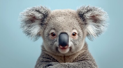 Naklejka premium Adorable baby koala portrait with soft blue background and fuzzy ears