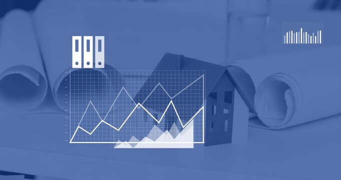 Animation of business icons and diagrams over blueprints and model of house in office