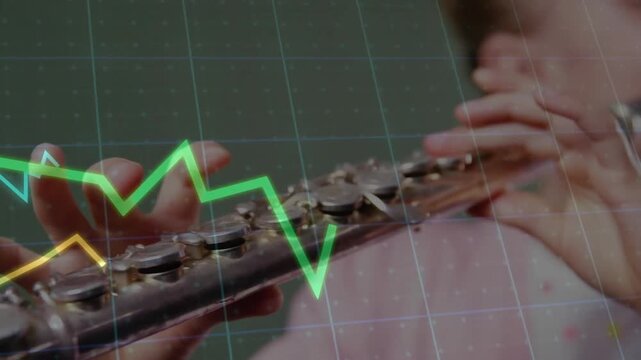 Child pressing flute keys against grid and blowing driving waveforms syncing with melody in music