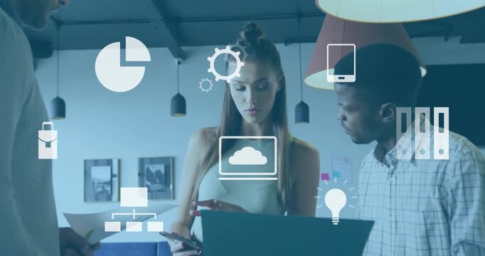 Coworkers swiping phone and pointing menu icons, enabling tech collaboration via animated icons