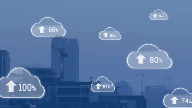 Upon cloud icons appearing over blue skyline, icons updating percentages to show full completion