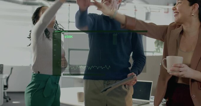 Man holding tablet as business $120K HUD appearing, two women stacking hands, celebrating milestone