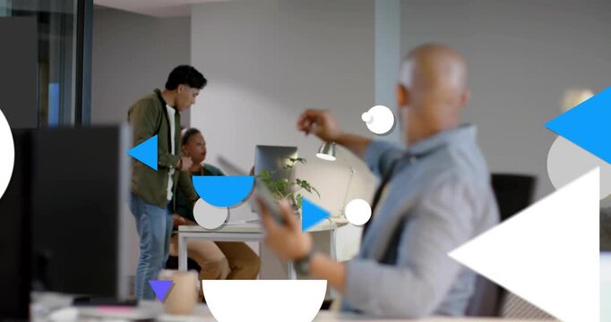 Office man with tablet turning and pointing as peer coming for help, shapes growing, covering view
