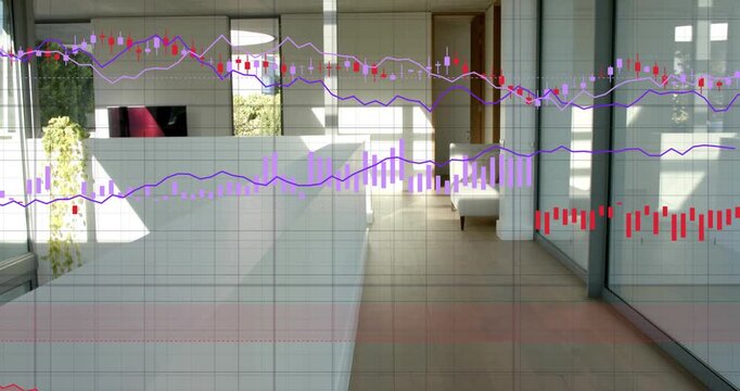 White half wall anchoring left, graph trace starting market charts layering corridor showing trends