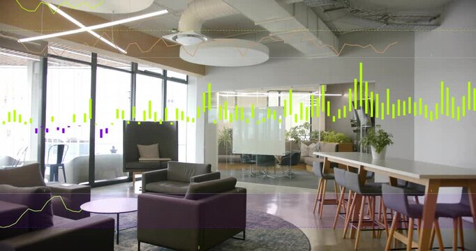 AV overlay appearing frame four over seating cluster growing into bright bars showing office sound