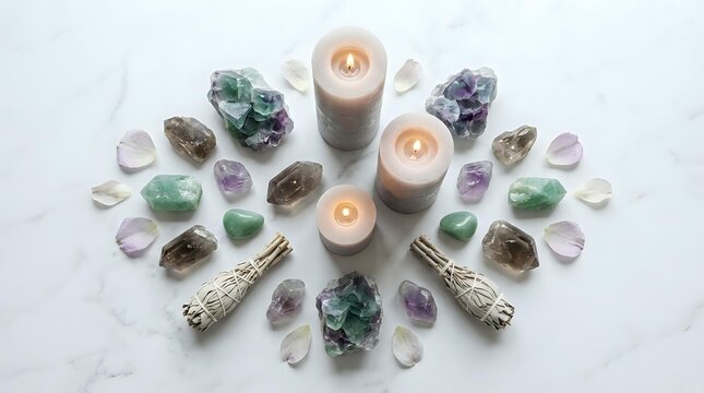 Healing crystals gemstones arranged in sacred geometry circle with burning candles and sage bundles for meditation spiritual wellness energy cleansing ritual.