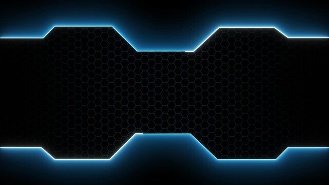 Glowing blue neon frame and hexagon pattern on black background