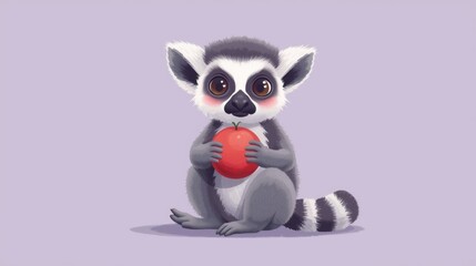 Adorable lemur holding red ball sitting on floor with large expressive eyes and grey fur © Aleena