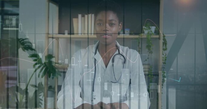 Doctor with stethoscope sitting in medical office, starting explaining data while overlaying charts