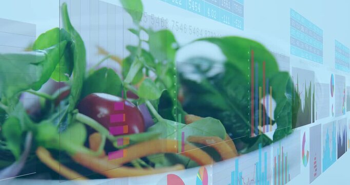 Vertical video: Salad plate entering frame, camera zooming while charts overlay, showing food stats