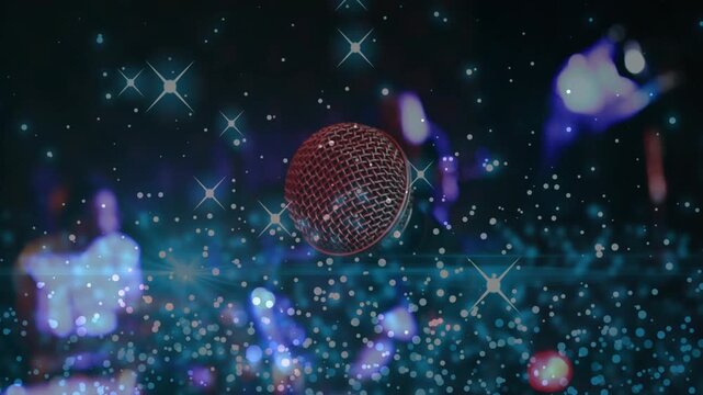 Camera panning, mic drifting center, sparkles floating over mic, band sharpening for music promo