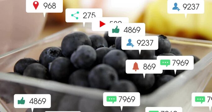 Displaying square glass container of blueberries on kitchen counter, with floating notifications
