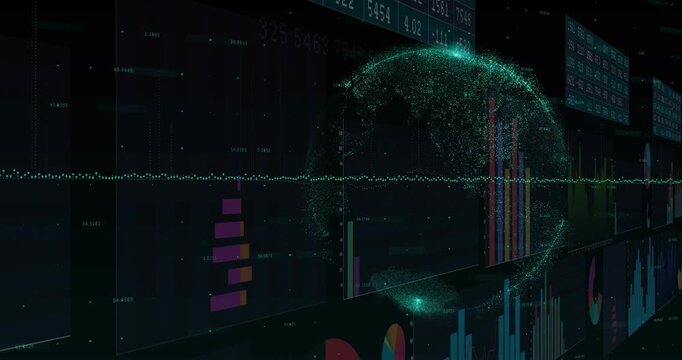 Camera panning right, data wall rotating with teal globe over bars, wave showing trends for data