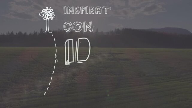 Sunrise causing handdrawn tree icon and text assembling over meadow, forming IDEA for design