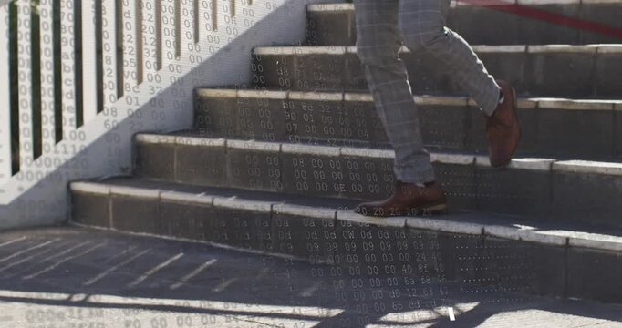 Man descending steps foot lift causing dim hex overlay with long shadow for business tech