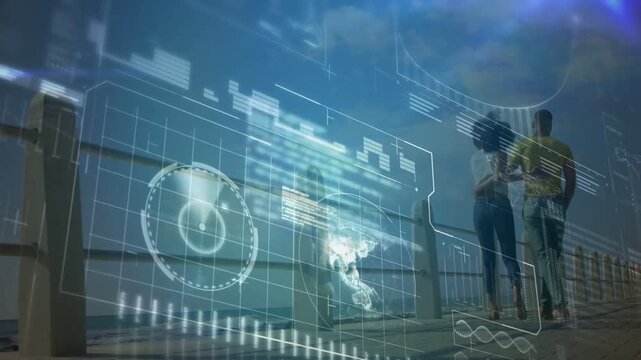 Man and woman walking close on boardwalk watching sea, tech HUD overlaying scene, animating charts
