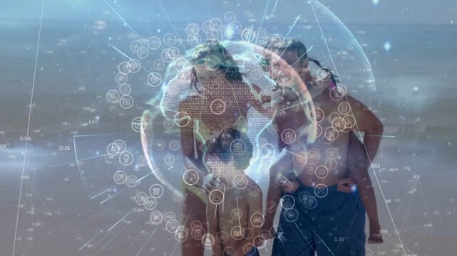 Family shifting poses on beach, holo globe fading in over family, initiating tech icons for promo
