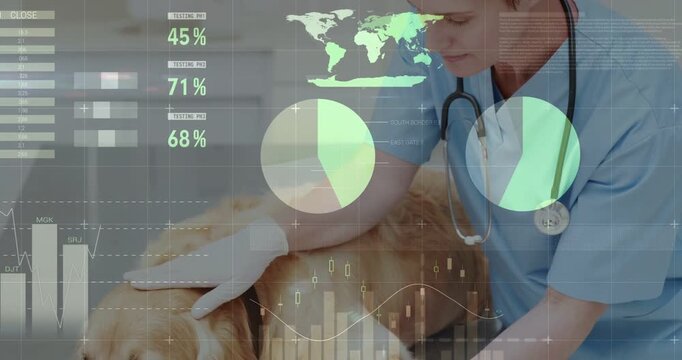 Vet reaching in from right lifting dog paw palpating leg for exam while HUD charts updating