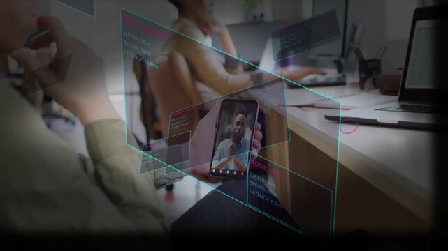 Holder adjusting phone while call appearing and AR panels forming cyan data grid for business