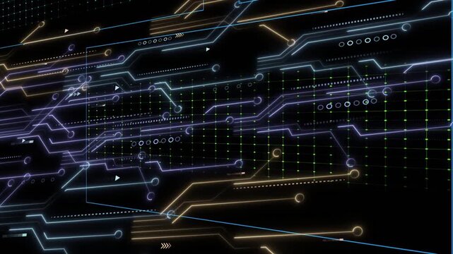 Neon HUD starting blue ECG, green magenta traces growing, pulsing nodes, arrows showing tech flow