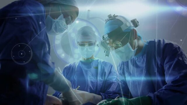 Left pass starting surgical team swapping tools, lead surgeon working under HUD overlays during op